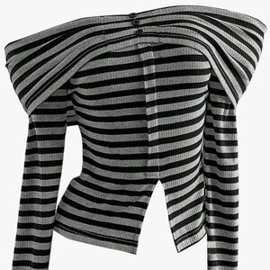 Y2K Striped Off-Shoulder Knit Top in Black and Gray